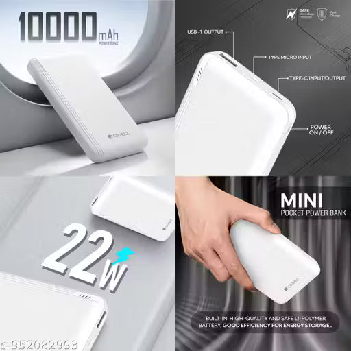 ONBIZ Premium Powerbank with 10000 mah, 22W Support, MIni Powerbank, 1 USB OUTPUT Port, Type C Input/Output, Micro Input, White